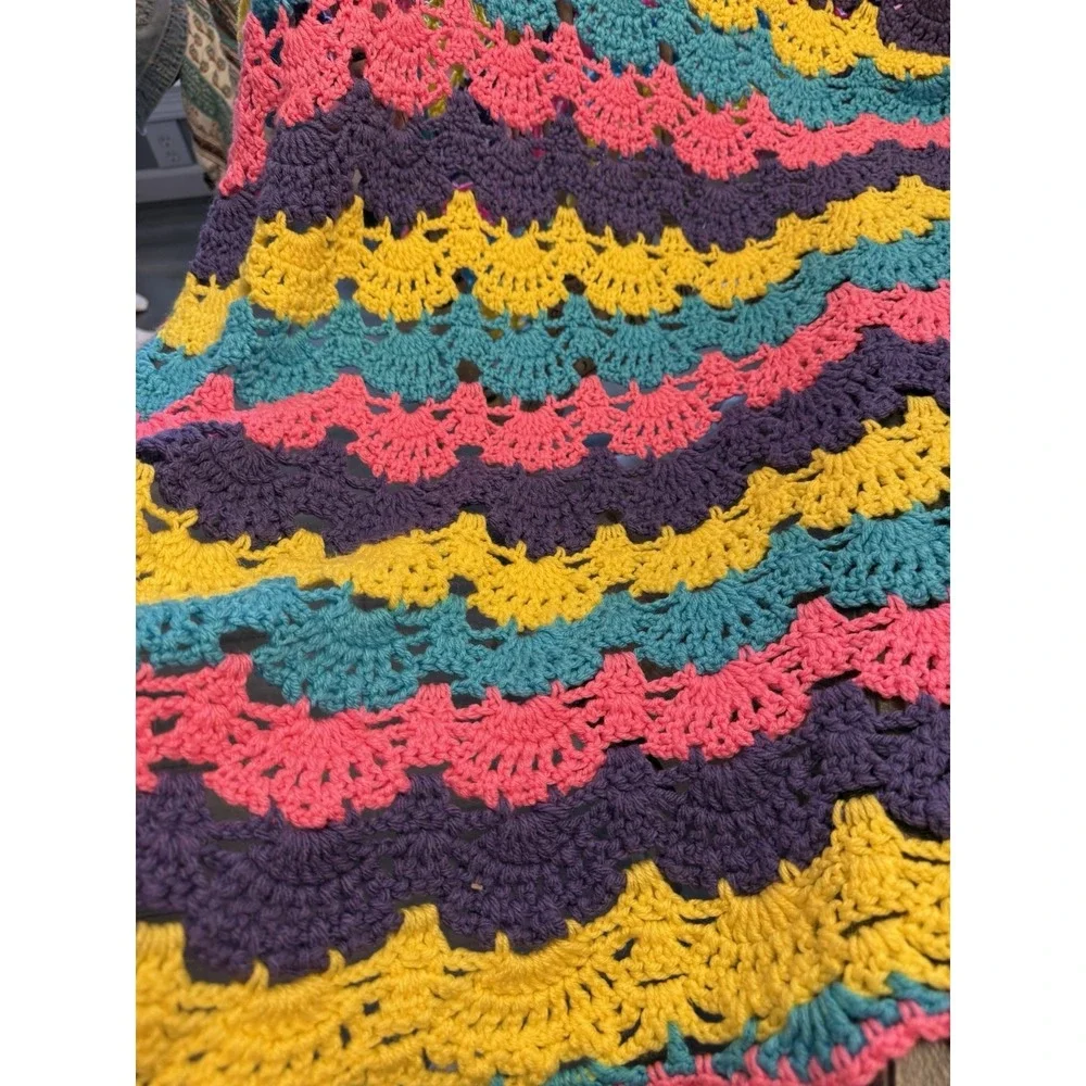 Handmade crochet baby blanket scalloped edge colorful striped 44x52